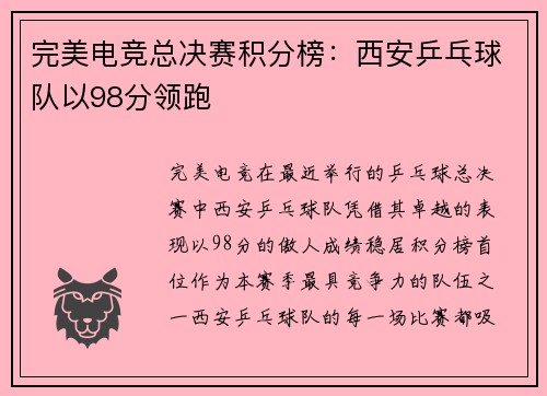 完美电竞总决赛积分榜：西安乒乓球队以98分领跑